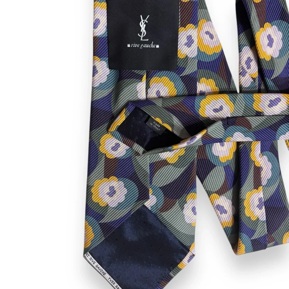 YSL Rive Gauche Purple Yellow Floral Ribbed Silk Tie